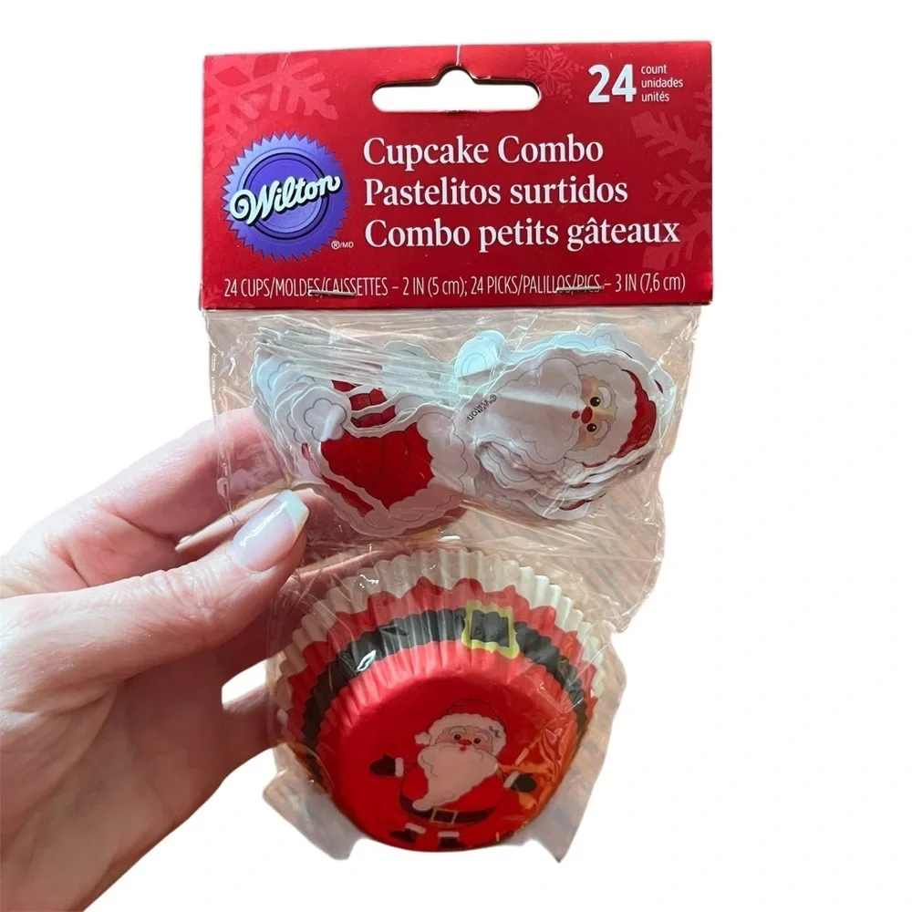 Wilton Festive Santa Cupcake Liner/Topper toothpick Combo Set - 24 ct 2 IN DIA